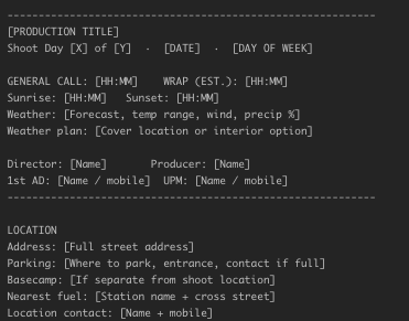 Free Call Sheet Template (Copy-Paste Layout)